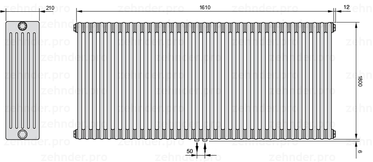 Схема (чертеж) Радиатор Zehnder Charleston 6180/35 №5410 Белый глянцевый RAL 9016